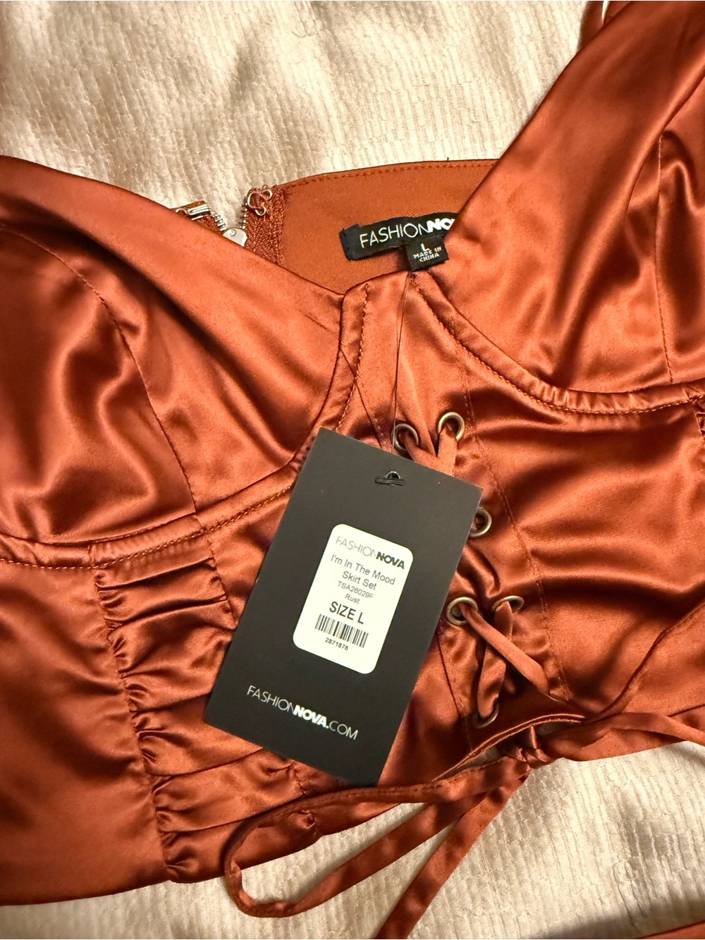 Satin Lace-Up Ruched Mini Skirt set - Rust Red - Picture 3 of 4